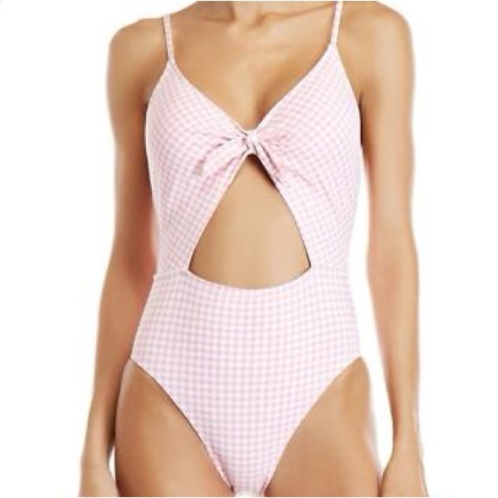 Juicy Couture Gingham Cut Out One Piece Swimsuit Sz L PINK GINGHAM
